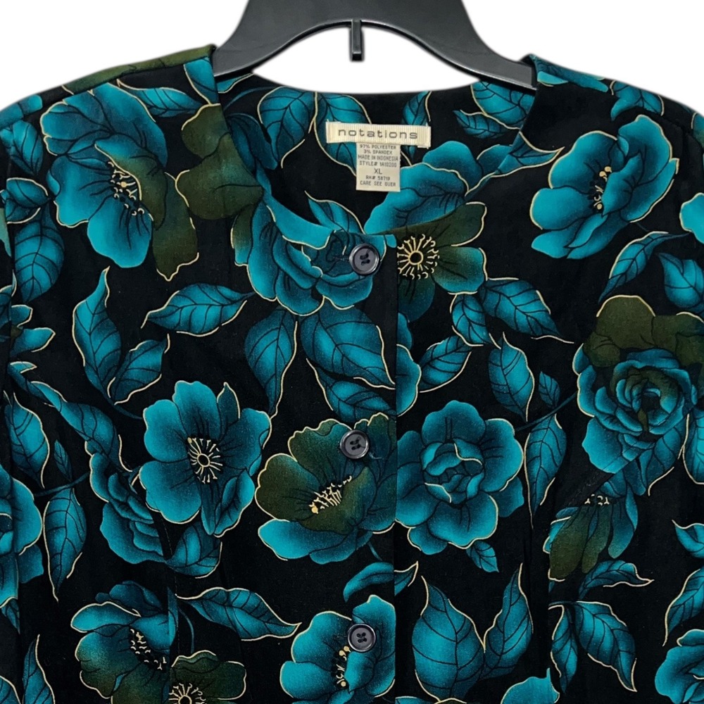 Notations Teal Floral Button Front Blouse Top XL Stretch Long Sleeve Vintage 90s - Picture 8 of 8